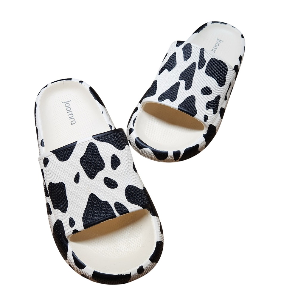 Joomra Womens Cow Animal Print Cloud Slides Sandals Black White Size 9 EU 40-41